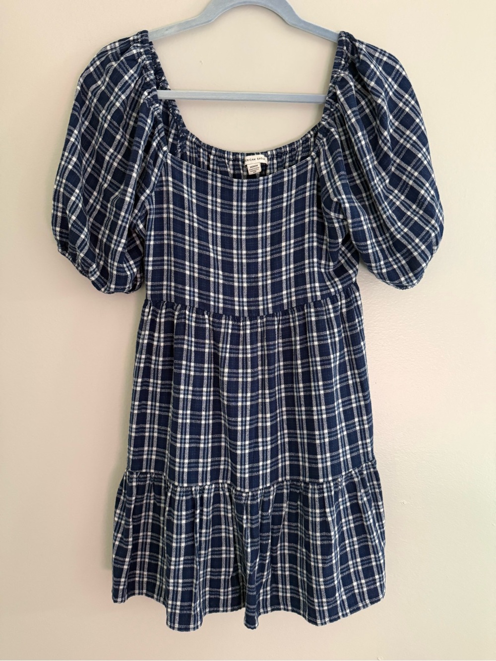 American Eagle Outfitters Navy & White Plaid Puff-Sleeve Dress
